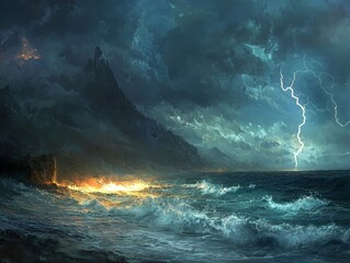 A coastline during a storm, with lightning bolts striking the sea and illuminating the waves.