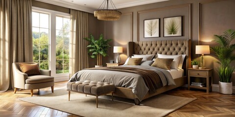 Obraz premium Serene Brown Upholstered Bed with Soft Bedding in a Stylish Bedroom Setting for Cozy Home Decor Inspiration