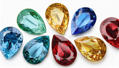 Fototapeta premium Ruby gemstones and yellow, blue, and blue stones on a white background.