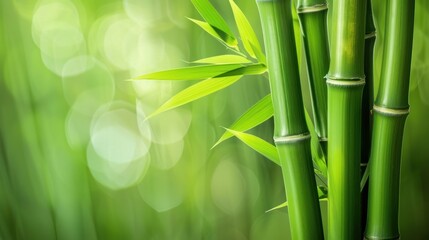 A lush green bamboo forest background with tall, slender bamboo stalks, creating a serene and...