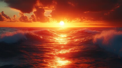 Obraz premium A vibrant sunset over ocean waves, creating a serene atmosphere.