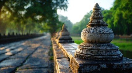 Serene Morning View of Stone Sculpture Pathway