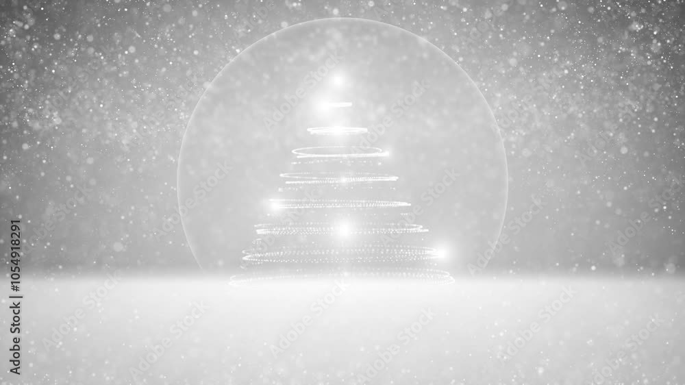 Poster loop animated christmas tree on blurred snow with snowflakes.