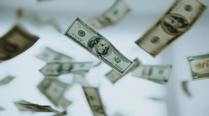 Hundred dollar bills in mid-air, scattered and crisp against white