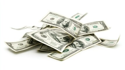 Hundred dollar bills in mid-air, scattered and crisp against white