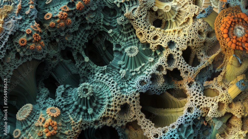 Poster a complex ai-generated fractal artwork, with evolving patterns that resemble futuristic coral reefs 