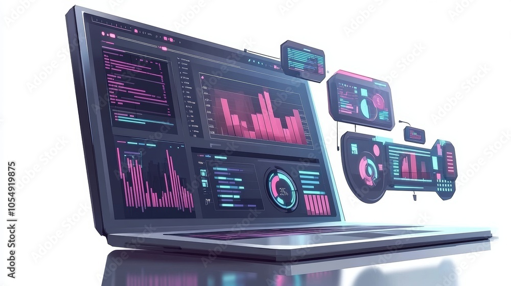 Aufkleber futuristic laptop with data visualizations and digital interfaces