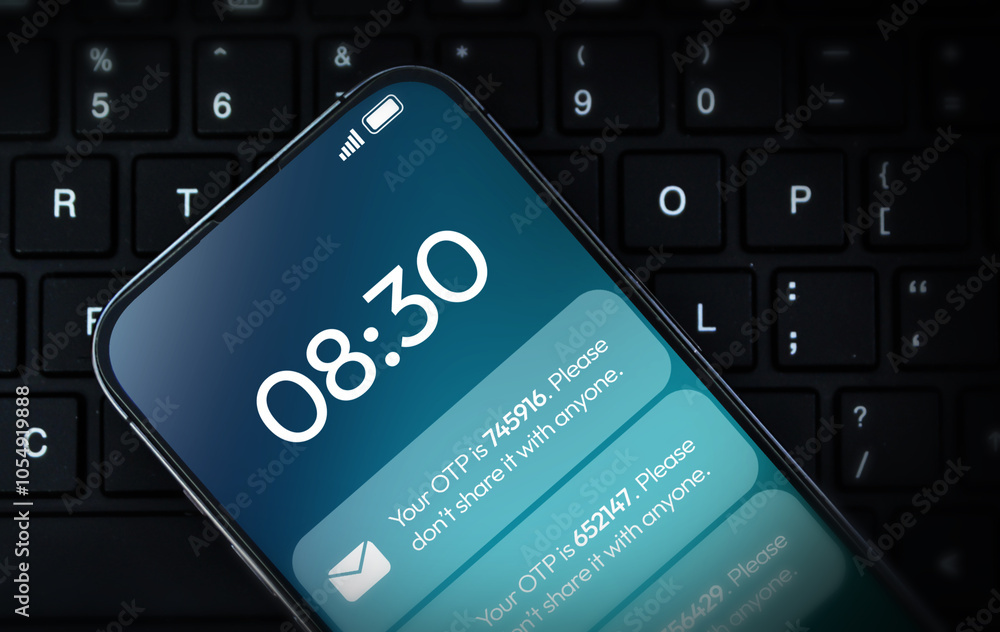 Poster otp message notification on mobile screen with laptop in the backdrop. one time password for secure 
