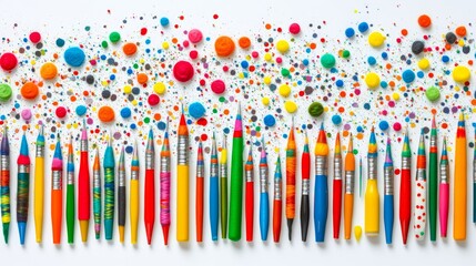 Colorful Art Supplies Brushes and Paint Splatter on White Background