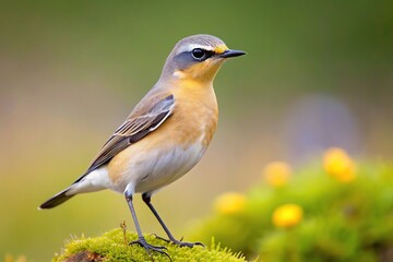 Wheatear bird blending with its surroundings in a forced perspective shot