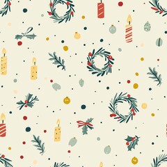 Festive Christmas Seamless Pattern with Wreaths  Candles  and Berries