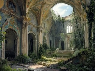 Obraz premium A crumbling palace, with faded frescoes and collapsing ceilings, left abandoned in the middle of the forest.