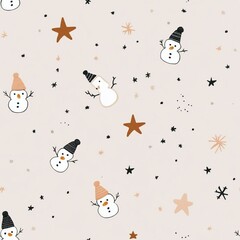 Cute Winter Seamless Pattern with Snowmen and Stars