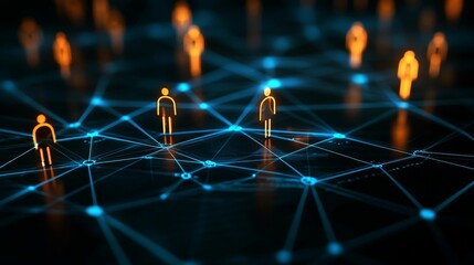 Abstract digital network with glowing human figures. Concept of connection, community, and the internet