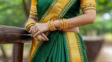 Elegant Traditional Saree with Gold Accessories and Jewelry