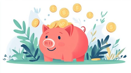 Obraz premium Happy Piggy Bank Saving Money with Falling Coins and Green Leaves Illustration