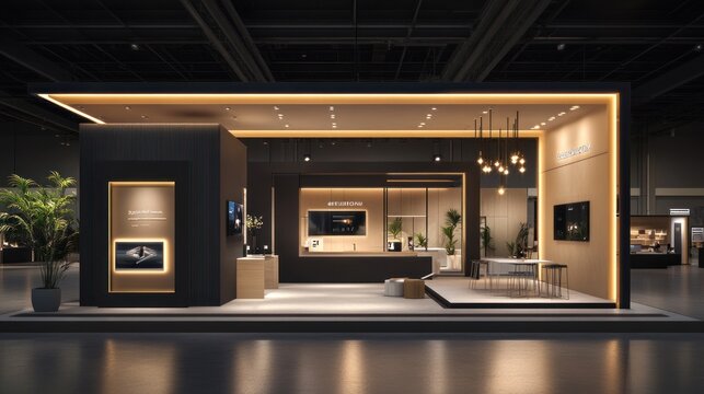A sleek exhibition booth 3D render with clean lines and modern design, featuring interactive displays and a contemporary layout for maximum engagement.