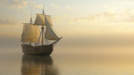 Obraz premium Sailboat on Calm Ocean at Sunset with Hazy Sky