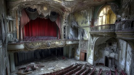 Fototapeta premium A decaying theater, with torn curtains and crumbling balconies, once filled with life now left silent.