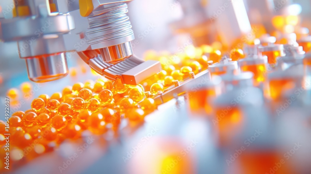 Aufkleber close-up of robotic machine working with colorful bio-capsules