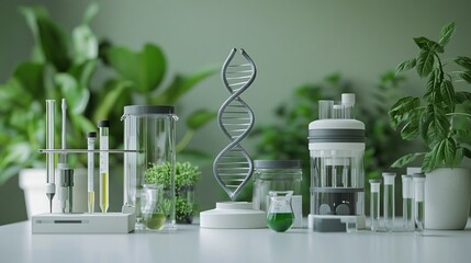 Fototapeta na wymiar Modern Biology Lab with Green DNA Helix and Equipment