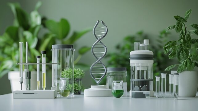 Modern Biology Lab with Green DNA Helix and Equipment