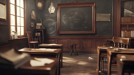 Vintage Victorian Era Classroom with Ornate Wooden Desks and Antique School Supplies