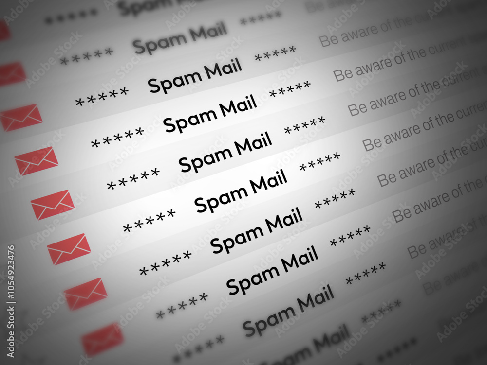 Poster spam mail notification on screen with focus and red sign on the side. email activity concept backdro