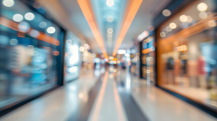 Abstract blur shopping mall corridor. Blurred retail and hall interior in a department store with a defocused bokeh effect.