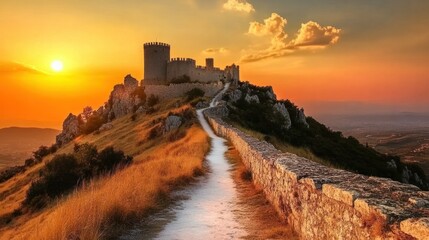 Romantic castle on hill at sunset with white path winding up