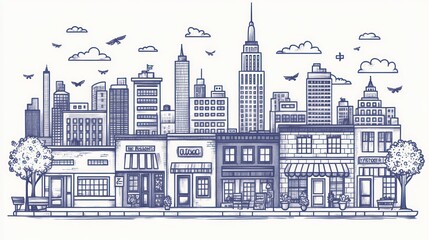 Obraz premium Hand-Drawn Sketch of a Cityscape with Buildings, Shops, and Birds in Flight