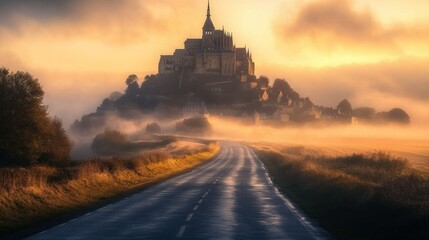 Obraz premium Romantic road leading to a castle on a hill with soft morning mist