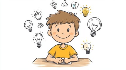 Smiling Boy with Light Bulbs Imagination Creativity Thinking Ideas Learning Child Education