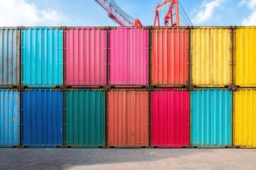 Fototapeta premium Stacked cargo containers forming a colorful wall, logistics zone, workers organizing, crane in background, industrial scene, international trade, cargo management, urban landscape, port operations.