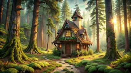 Whimsical fairy tale cottage amidst pine trees
