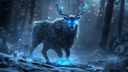 A magical stag stands in the snowy forest with glowing blue eyes and antlers, mystical digital art