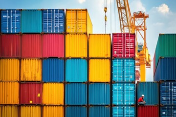 Fototapeta premium Stacked cargo containers forming a colorful wall, logistics zone, workers organizing, crane in background, industrial scene, international trade, cargo management, urban landscape, port operations.