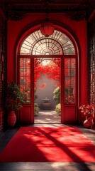 Fototapeta premium traditional chinese red oriental room scene poster background
