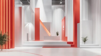 Contemporary exhibition booth mockup with bold geometric shapes, showcasing innovative booth design in a professional trade show venue.