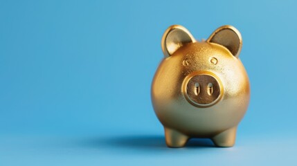 Golden piggy bank on blue pastel background