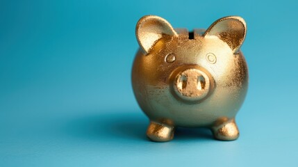 Golden piggy bank on blue pastel background