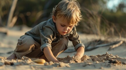 A child digging a hole in the sand, determined to find treasure