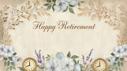 "Vintage retirement card with a soft gold leaf frame and the words 'Happy Retirement' at the top.