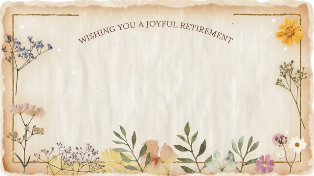 Vintage retirement card with rustic paper texture and delicate wildflower borders.