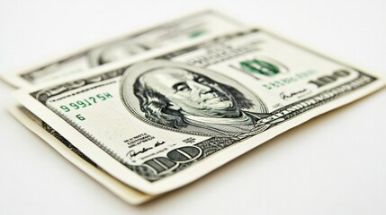 Scattered hundred dollar bills, floating above white background