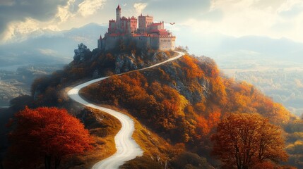 Scenic castle on hill with winding white gravel road, autumn scene