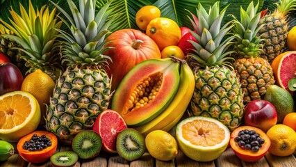 Vibrant Surreal Tropical Fruit Arrangement on Transparent Background - Exotic Colors, Freshness, and Whimsy in a Dreamlike Still Life Composition