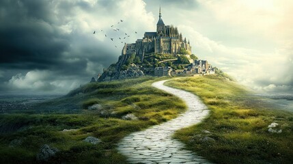 Scenic view of a castle on a hill with a white stone pathway leading up