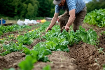 A farmer applying natural fertilizers to a field of organic vegetables, using composted manure and mulch to enhance soil health.
