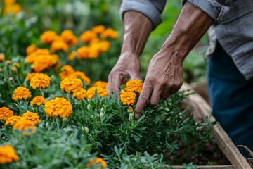 Obraz premium A farmer explaining the benefits of companion planting, using marigolds to naturally repel pests in an organic garden.